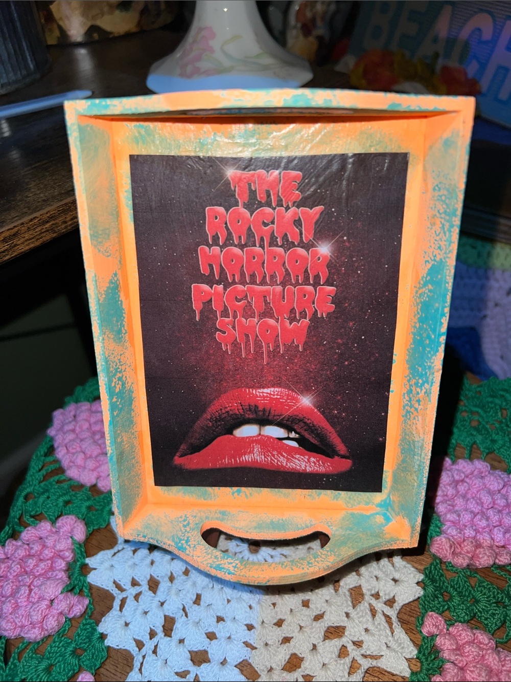 Rocky Horror Picture Show Themed Orange and Teal wooden trinket dish
